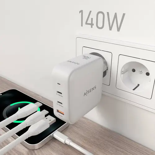 Cargador GaN 140W, 2xUSB-C PD3.1 QC4.0, 1xUSB-A QC3.0, Blanco - Imagen 5