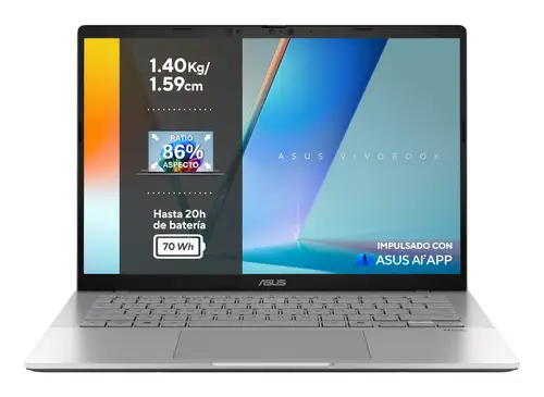 Vivobook S 14 S3407QA-KP015W - Ordenador Portátil 14" WQXGA (Qualcomm Snapdragon X (X1-26-100), 16GB RAM, 1TB SSD, Qualcomm Adreno GPU, Windows 11 Home) Plata Fría - Teclado QWERTY español - Imagen 2