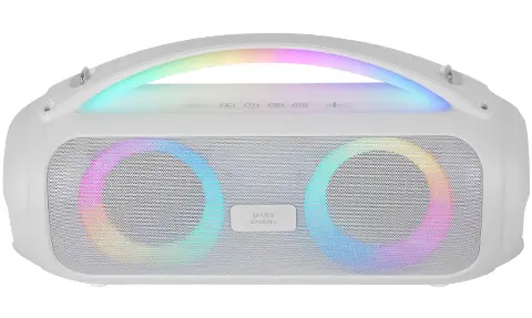 MS-PULSE, Altavoz Bluetooth Portátil 50W RMS, Iluminación RGB, 2 Drivers Activos 93mm + 2 Drivers Pasivos Ultra-Bass, Función Manos Libres, USB / MicroSD / AUX / FM, Asa y Correa, Blanco