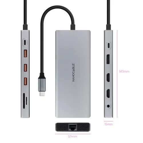 Hub USB-C 12 en 1, Conversor USB-C 3.1 a 3xUSB-A 3.2 + USB-C 3.2 + USB-C PD + 2xHDMI 4K@60Hz + DP 4K@60Hz + RJ45 1Gbps + TF + SD + Audio Jack 3.5, Aluminio, Gris, 18 cm - Imagen 2