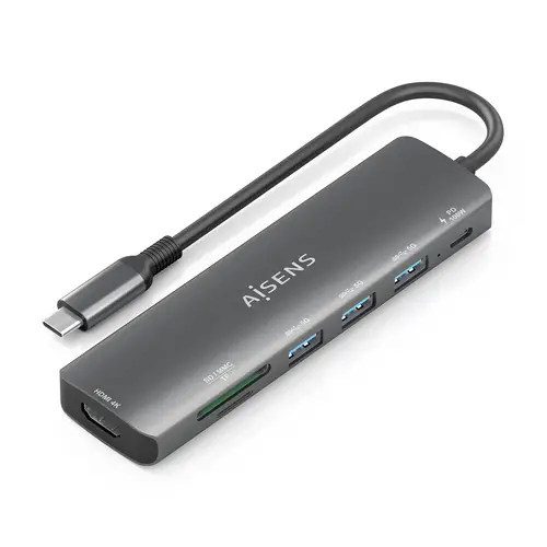 USB-C Dock 7 en 1, USB-C A, 1x HDMI, 3x USB-A, 1x USB-C PD 100W, 1x SD, 1x MicroSD, Gris, 15cm - Imagen 1