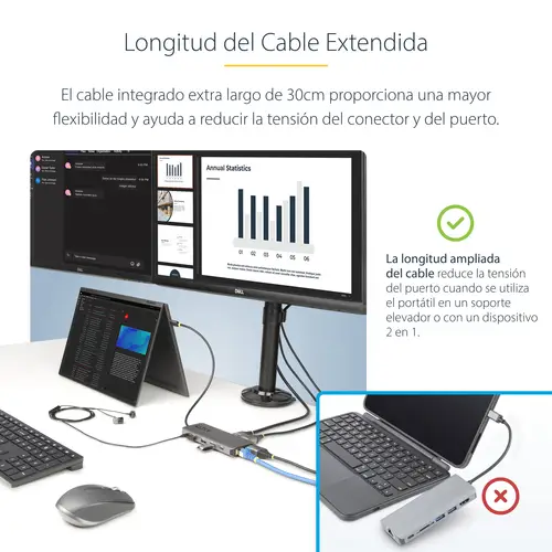 Adaptador Multipuerto USB-C de 3 Monitores HDMI/DP - 4K 60Hz Doble + 4K 30Hz HDMI y DP - Hub 4x USB-A - PD de 100W de Paso - Red Gigabit Ethernet - Lector de Tarjetas SD/MicroSD - Imagen 10