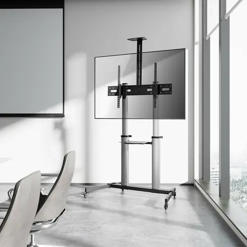 Soporte de suelo PRO con ruedas, bandeja para DVD y soporte de cámara para Monitor/TV 100Kg de 60-100, Negro-Plata - Imagen 5