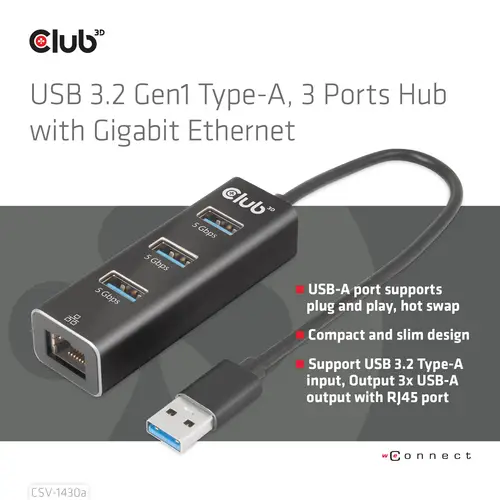 USB 3.2 Gen1 Tipo-A, Hub de 3 Puertos con Gigabit Ethernet - Imagen 4