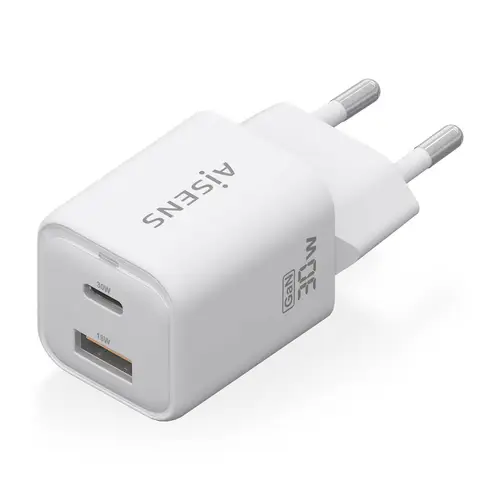 Cargador Gan 30W, 1xUSB-C PD3.0 QC4.0, 1xUSB-A QC3.0, Blanco - Imagen 2