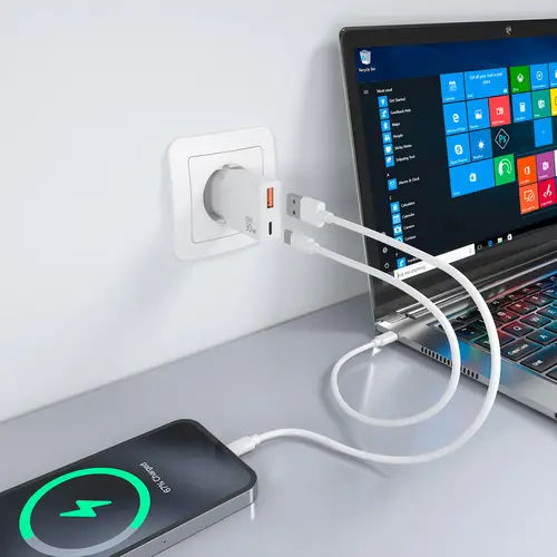 Cargador Ultra Delgado GaN 30W, 1xUSB-C PD3.0 QC4.0, 1xUSB-A QC3.0, Blanco - Imagen 5