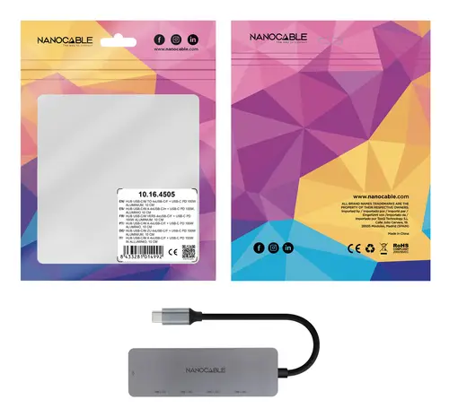 Hub USB-C macho a 4 x USB-C hembra + USB-C PD 100W, Aluminio 10 cm, Gris - Imagen 3