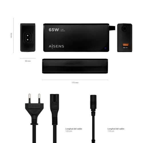 Cargador 65 W Automatico Universal Multitension Para Portatil Con 9 Conectores + USB-A QC.3.0 - Imagen 5