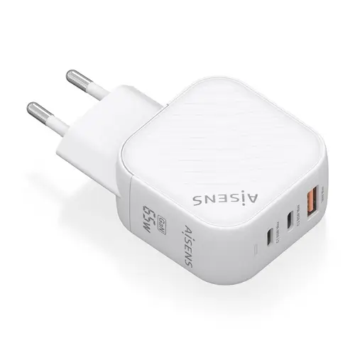 Cargador GaN 65W, 2xUSB-C PD3.0 QC4.0, 1xUSB-A QC3.0, Blanco - Imagen 1