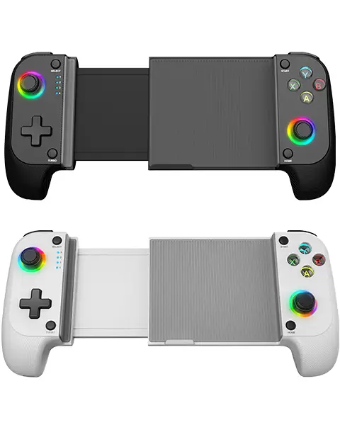 MGPX, Gamepad Bluetooth 5.0 2en1, RGB Neon, Vibración Dual y Función Turbo, Soporte Smartphone Hasta 6.8", Mando Multifunción Compatilidad PC, Android, iOS y Consolas, USB-C y Funda, Negro