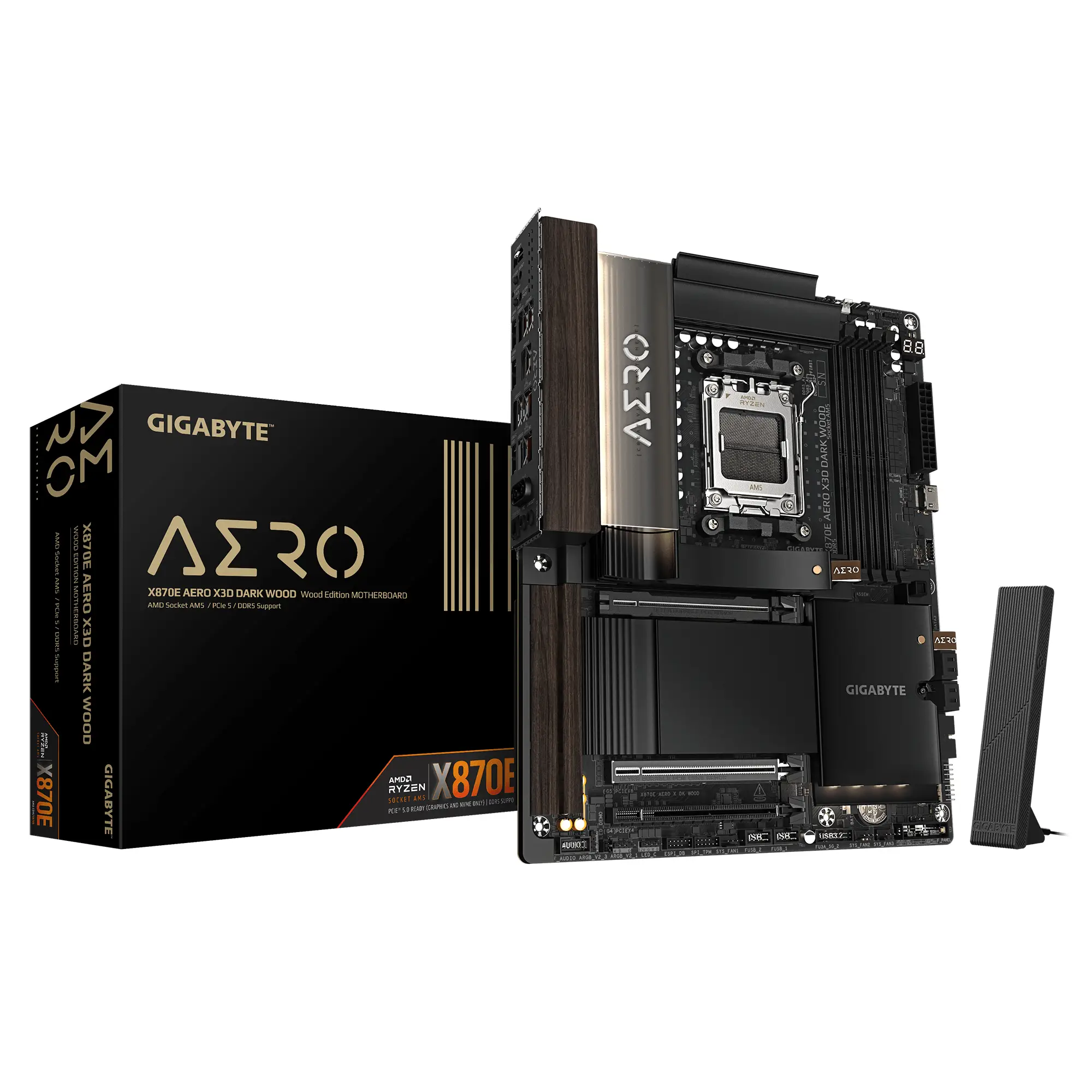 X870E AERO X3D DARK WOOD Placa Base  Compatible con CPUs AMD Ryzen 9000, VRM digital de 16+2+2 fases, hasta 9000 Hz DDR5 (OC), 2x PCIe 5.0 + 2x PCIe 4.0, Wi-Fi 7, LAN 5 GbE, USB 4