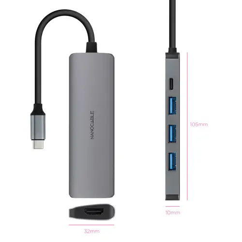 Hub USB-C 5 en 1, Conversor USB-C 3.1 a 3xUSB-A 3.0 + USB-C PD + HDMI, Aluminio, Gris, 18 cm - Imagen 2