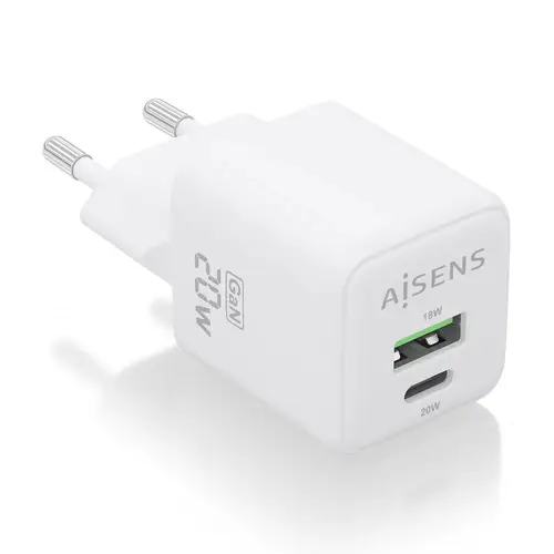 Cargador GaN 20W, 1xUSB-C PD3.0 QC4.0, 1xUSB-A QC3.0, Blanco - Imagen 1