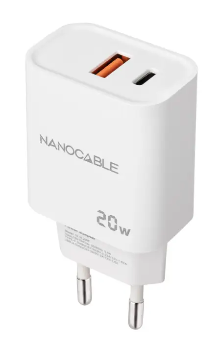 Cargador USB-C/PD + USB-A/QC 20W, Blanco