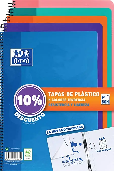 PACK 4+1 CUADERNO ESPIRAL CLASSIC W-E FOLIO 80 HOJAS 4X4 CON MARGEN COLORES TENDENCIA OXFORD 400122766