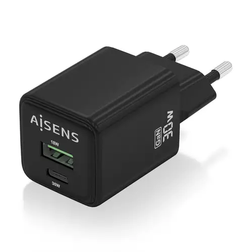 Cargador Gan 30W, 1xUSB-C PD3.0 QC4.0, 1xUSB-A QC3.0, Negro - Imagen 2