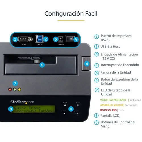 Borrador Autónomo USB 3.0 a SATA III de 1 Bahía para Disco Duro o SSD - Sanitizador - 4Kn - 9 Modos de Borrado - Pantalla LCD - Puerto DB-9 de Impresora - TAA - Imagen 10