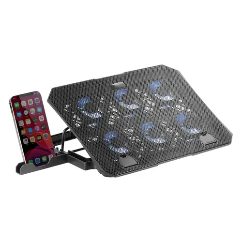 MNBC23, Base Refrigeradora y Stand 16, 6 Ventiladores Controlables con LED Azul, Stand 6 Posiciones, Soporte Smartphone, 2 USB 2.0, Negro - Imagen 1