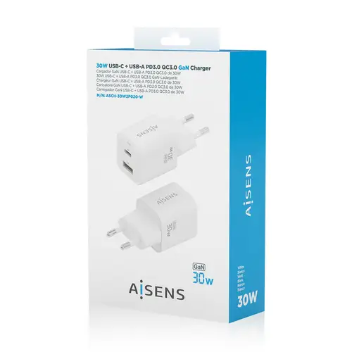 Cargador Gan 30W, 1xUSB-C PD3.0 QC4.0, 1xUSB-A QC3.0, Blanco - Imagen 6