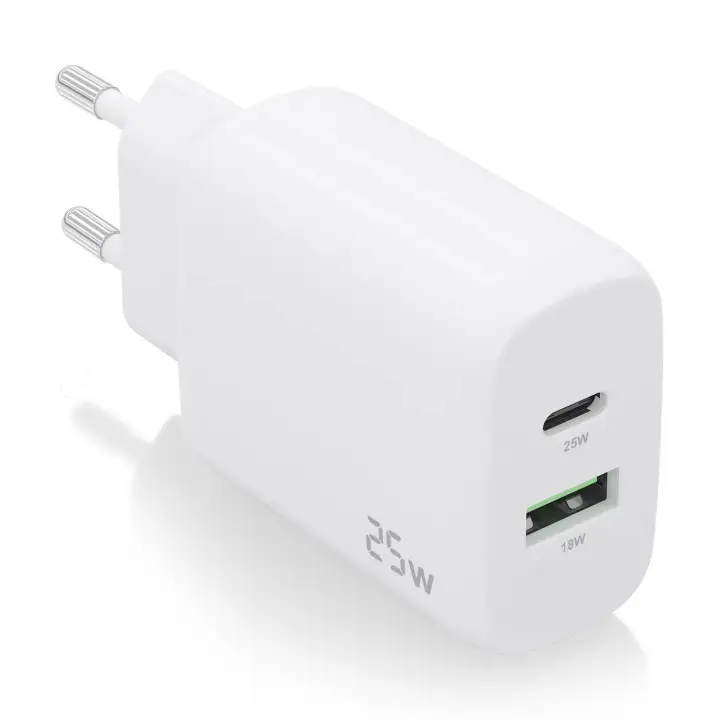 Cargador 25W, 1xUSB-C PD3.0, 1xUSB-A QC3.0, Blanco