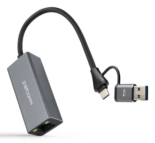 Conversor USB-C+USB-A/M 3.0 a Ethernet, Aluminio, Gris, 15 cm - Imagen 1