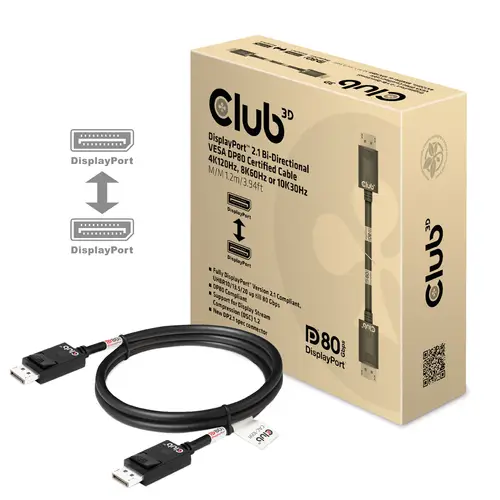 DisplayPort 2.1 Bi-Directional VESA DP80 Certified Cable 4K240Hz, 8K60Hz or 10K30Hz M/M 1.2m/3.94ft - Imagen 2