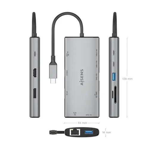 USB-C Dock 10 en 1, USB-C a 1xHDMI, 1xDisplayPort, 1xRJ45, 1xUSB-A 10G, 1xUSB-A 5G, 2xUSB-C 10G, 1xUSB-C PD100W, 1xSD, 1xMicroSD, Gris, 20cm - Imagen 4
