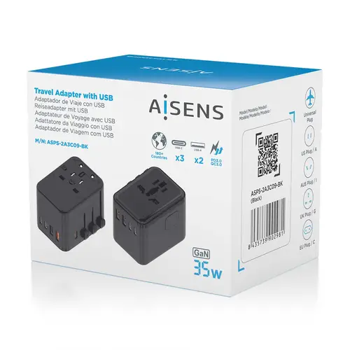 Adaptador Enchufe Universal Para Viaje EU/USA/UK/AU Con Cargador USB GaN, 2xUSB-A (A1 QC3.0), 3xUSB-C (C1 PD3.0) 35W, Negro - Imagen 7