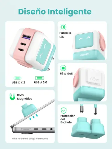 Uno RG 65W 3-Port GaN Fast Charger pink blue Ordenador portátil, Teléfono móvil, Portátil, Tableta, Teléfono Azul Corriente alterna Carga rápida Interior - Imagen 2
