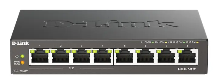 DGS-1008P/E switch No administrado L2 Gigabit Ethernet (10/100/1000) Energía sobre Ethernet (PoE) Escritorio Negro