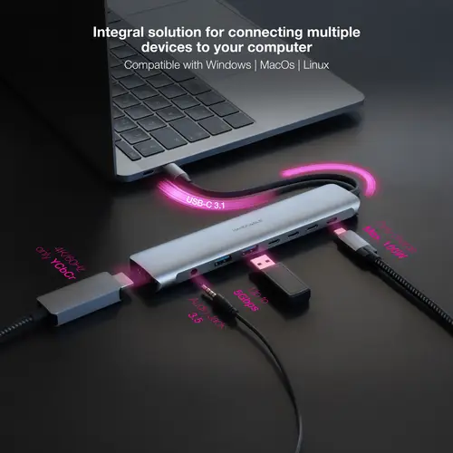 Hub USB-C 8 en 1, Conversor USB-C 3.1 a 2xUSB-A 3.0 + 3xUSB-C 3.0 + USB-C PD + HDMI 4K@60Hz + Audio Jack 3.5, Aluminio, Gris, 18 cm - Imagen 4