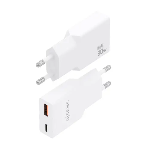 Cargador Ultra Delgado GaN 30W, 1xUSB-C PD3.0 QC4.0, 1xUSB-A QC3.0, Blanco - Imagen 3
