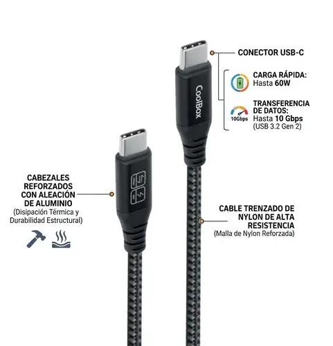 CABLE TRENZADO USB-C/USB-C 3.2 GEN2 DATOS 10GBPS + CARGA RAPIDA 60W ALUMINIO - Imagen 2