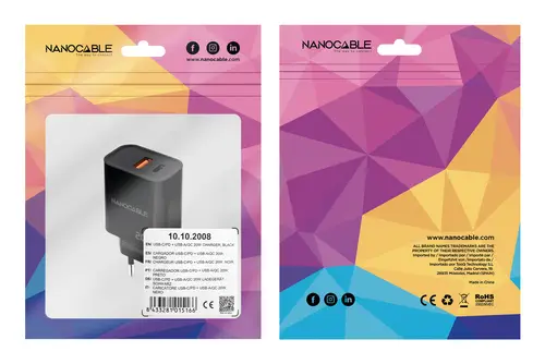 Cargador USB-C/PD + USB-A/QC 20W, Negro - Imagen 3