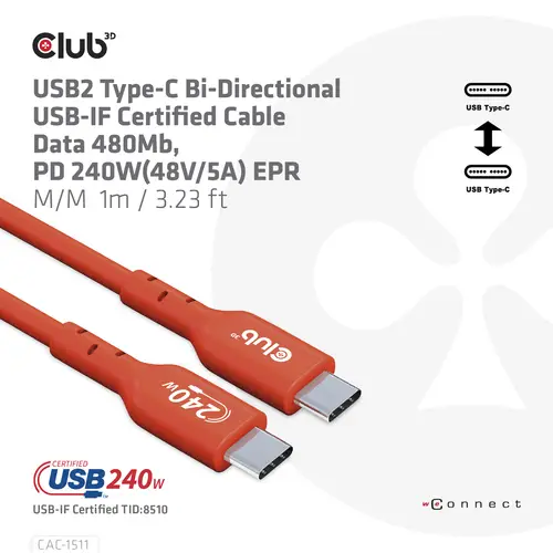 Cable certificado USB2 tipo C bidireccional USB-IF Datos 480 Mb, PD 240 W (48 V/5 A) EPR M/M 1 m/3,23 pies - Imagen 6