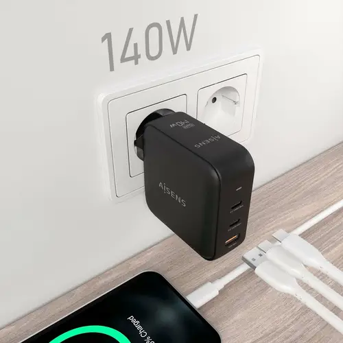 Cargador GaN 140W, 2xUSB-C PD3.1 QC4.0, 1xUSB-A QC3.0, Negro - Imagen 4