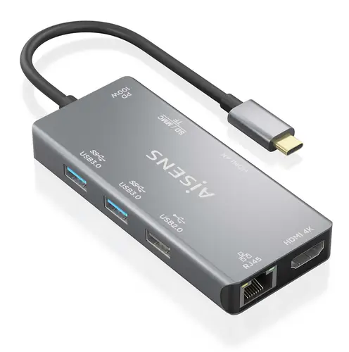 USB-C Dock 9 En 1, USB-C a 2xHDMI, 1xRJ45, 2xUSB-A USB3.0, 1xUSB-A USB2.0, 1xUSB-C PD, 1xSD, 1xMicro SD, Gris, 15cm - Imagen 2
