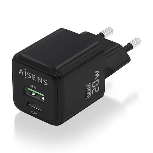 Cargador GaN 20W, 1xUSB-C PD3.0 QC4.0, 1xUSB-A QC3.0, Negro - Imagen 2