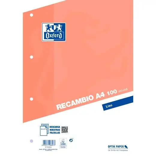 OXFORD RECAMBIO CLASSIC 100H A4 SUELTAS 90GR LISO 4 TALADROS NARANJA