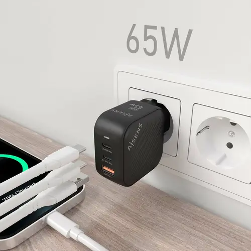 Cargador GaN 65W, 2xUSB-C PD3.0 QC4.0, 1xUSB-A QC3.0, Negro - Imagen 5