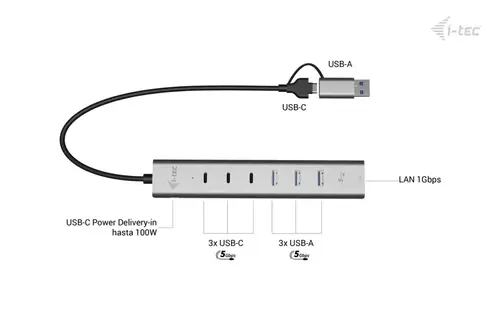 USB-C/USB-A Metal HUB 6 port (3x USB-C, 3x USB-A), LAN, Power Delivery 85W - Imagen 6