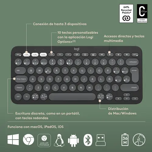 920-012227 teclado Ratón incluido Universal RF Wireless + Bluetooth QWERTY Español Grafito - Imagen 14