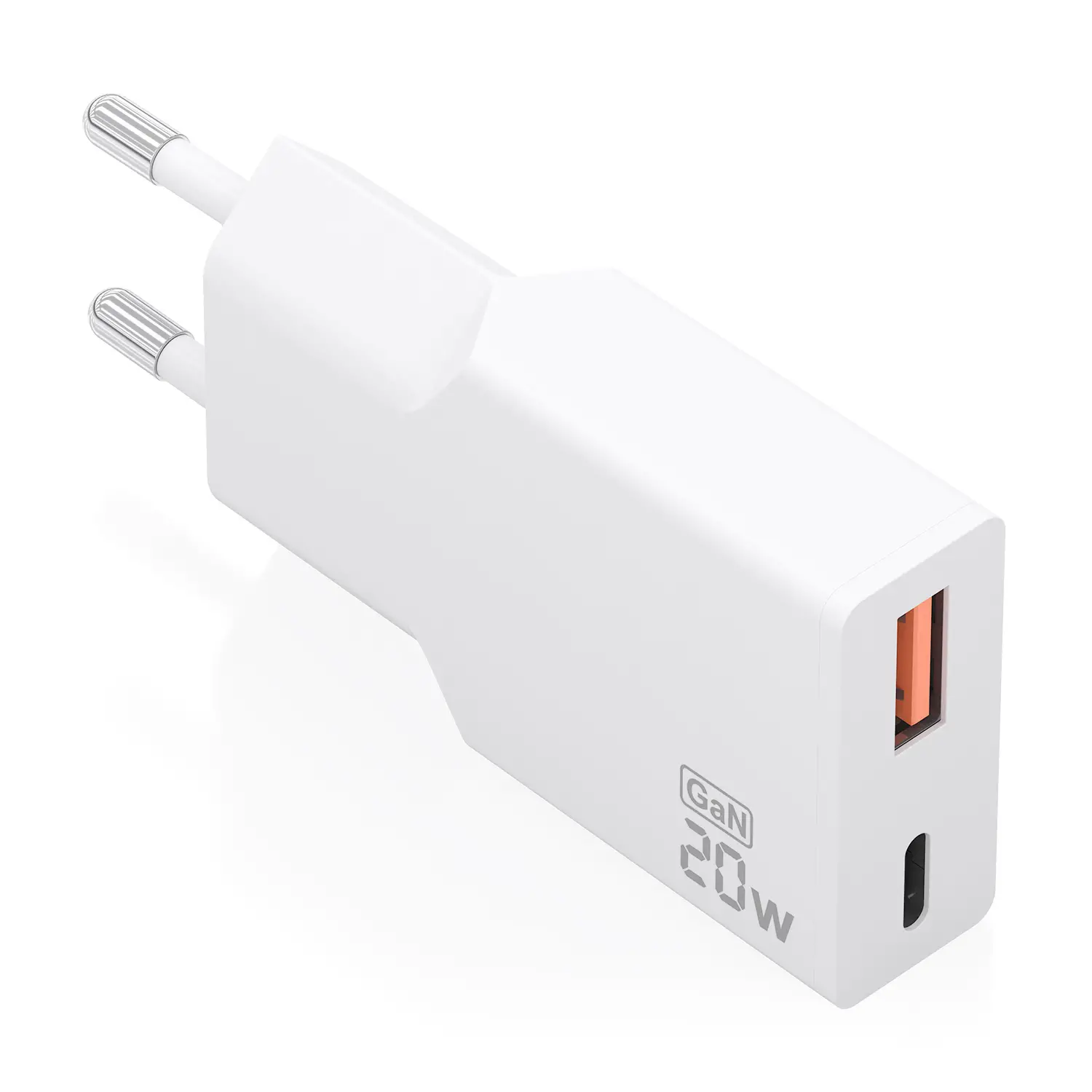 Cargador Ultra Delgado GaN 20W, 1xUSB-C PD3.0 QC4.0, 1xUSB-A QC3.0, Blanco