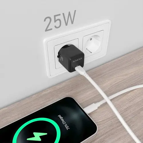 Cargador GaN 25W, 1xUSB-C PD3.0 QC4.0, Negro - Imagen 5