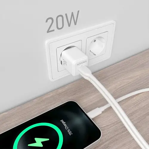 Cargador GaN 20W, 1xUSB-C PD3.0 QC4.0, 1xUSB-A QC3.0, Blanco - Imagen 5