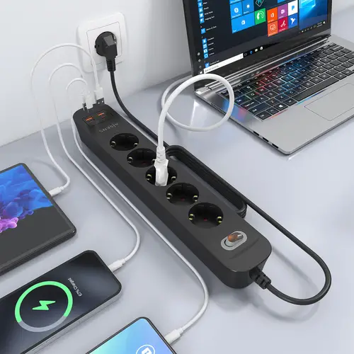Regleta de Enchufes Multifuncion con 5 Tomas + Cargador PD3.0 20W 2xUSB-C, 2xUSB-A, 1.4m, Negro - Imagen 6