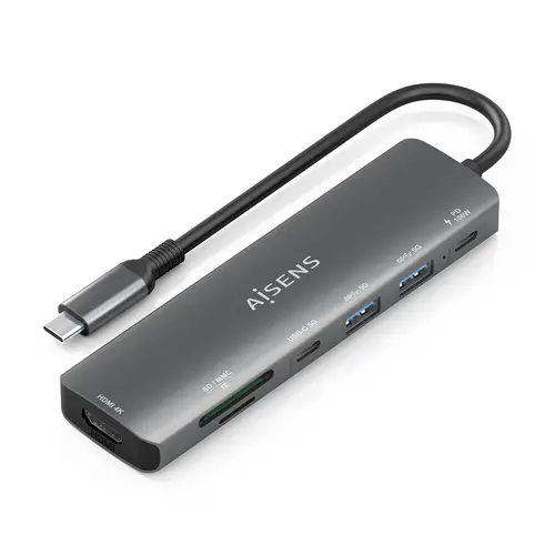 USB-C Dock 7 en 1, USB-C A, 1x HDMI, 2x USB-A, 1x USB-C, 1x USB-C PD 100W, 1x SD, 1x MicroSD, Gris, 15cm - Imagen 1