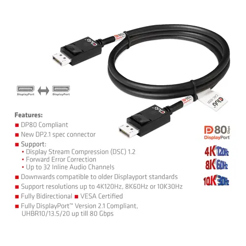 DisplayPort 2.1 Bi-Directional VESA DP80 Certified Cable 4K240Hz, 8K60Hz or 10K30Hz M/M 1.2m/3.94ft - Imagen 5