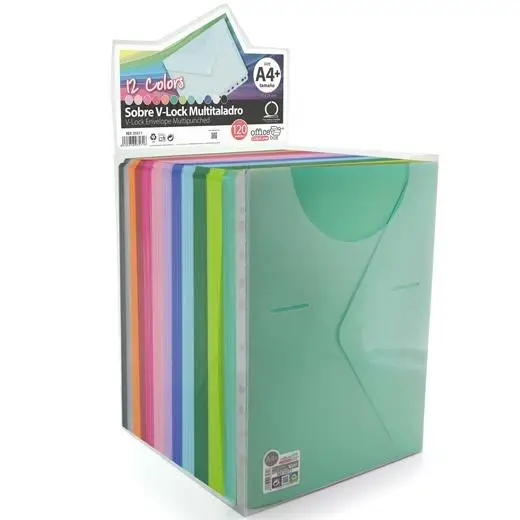 OFFICE BOX CARPETA SOBRE COLORLINE A4+/FOLIO MULTITALADRO CIERRE V-LOCK PP C/SURTIDOS EXPOSITOR 120 UD