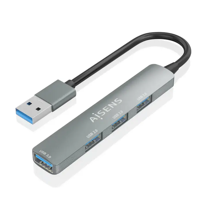 HUB USB 3.0 Aluminio, 1xUSB3.0 A/H+3xUSB2.0 A/H, Gris, 10cm